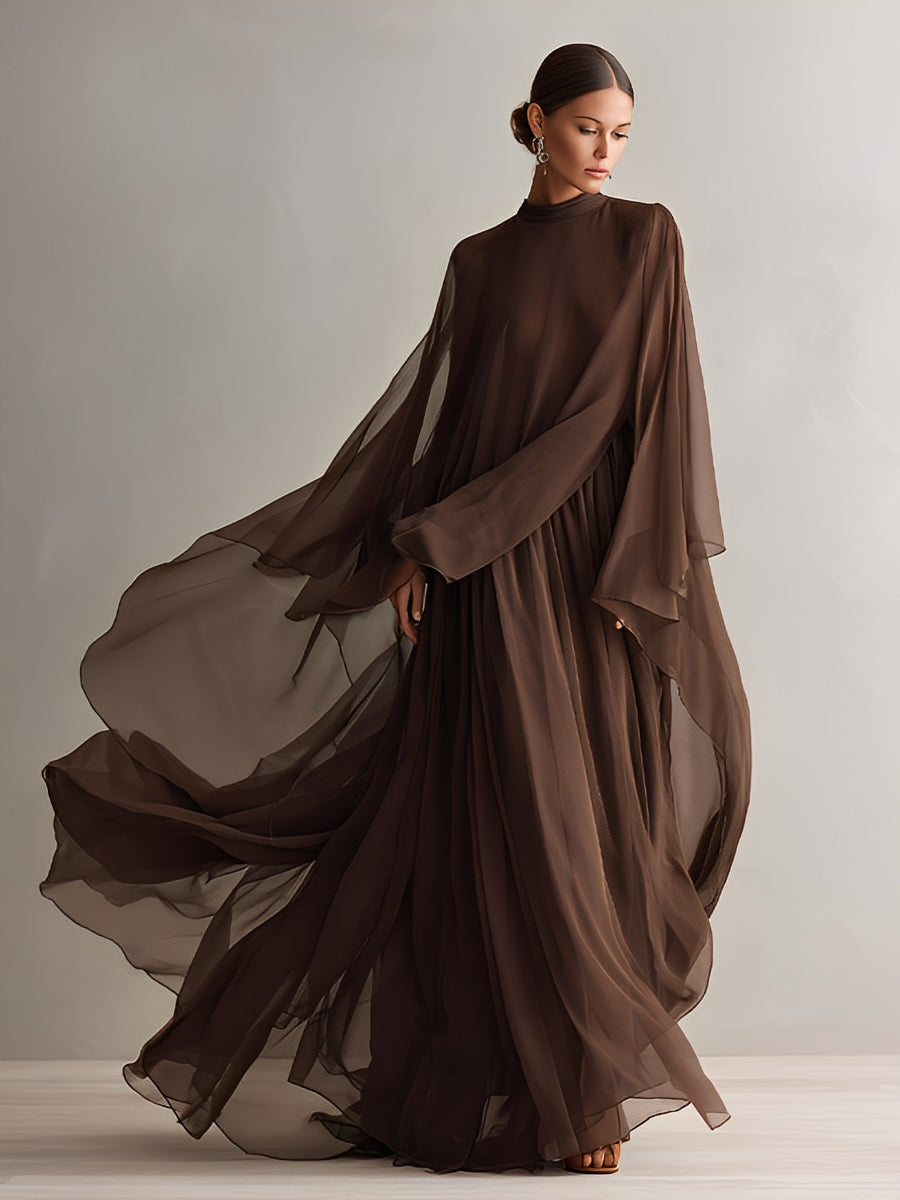 Women's Rich Brown Chiffon Dress With Flowy Maxi Silhouette & Cape-lik – Modesees